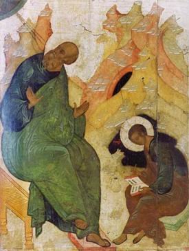 St John the Evangelist and his disciple Prohor on Patmos. Icon.